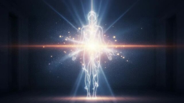 Soul energy radiates as a luminous and ethereal presence departing the physical form in a mystical encounter