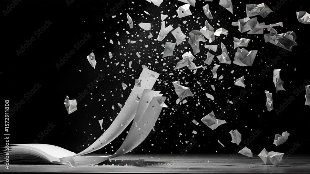 Poster torn pages and flying paper fragments create dynamic visual impact generative ai