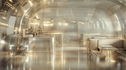 a modern, futuristic interior with metallic walls and a glossy floor, featuring sleek, stainless steel furniture, a bar counter, and hanging pendant lights.