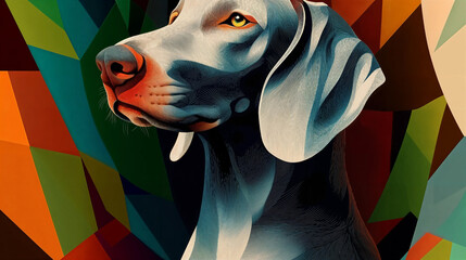 a stylized, geometric background with a mix of vibrant colors. A close-up of a dog's face is prominently displayed in the foreground, with a focus on its nose and ear. 