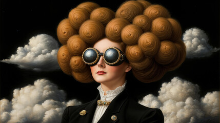 a person with an elaborate, voluminous hairstyle resembling clouds. They are wearing a black jacket with gold buttons, a white shirt, and a decorative brooch. The background consists of a dark sky.