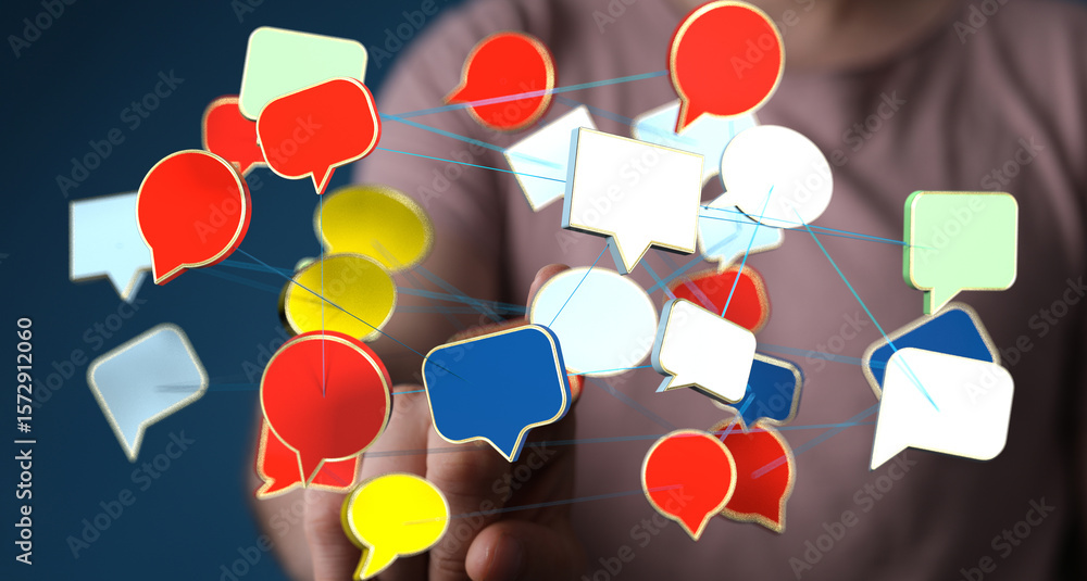 Poster abstract image of interconnected speech bubbles, symbolizing global communication and networking.