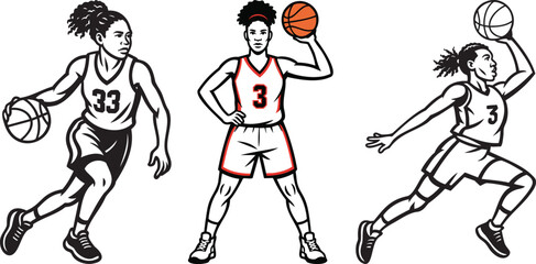 Female Basketball Players Red Uniform Dynamic Action Silhouette