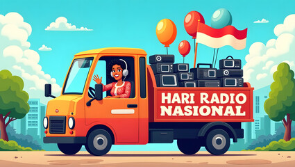 A vibrant and colorful illustration depicting a festive National Radio Day celebration in Indonesia