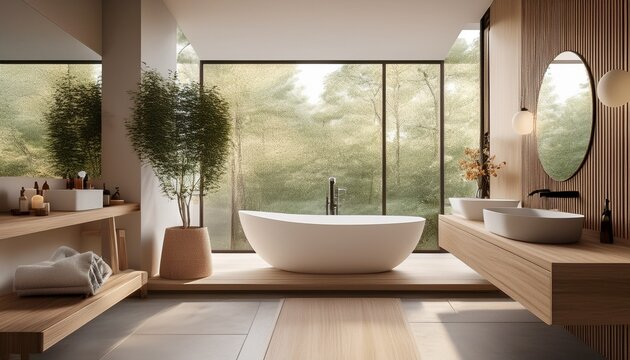 modern minimalist bathroom interior with freestanding tub and wood accents in elegant neutral tones and stylish design concept ai generative