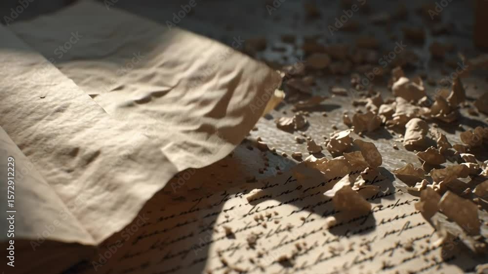 Poster old book lying on a surface with crumbled paper nearby generative ai