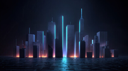 a futuristic cityscape at night, with tall buildings illuminated by blue neon lights. The scene has a cyberpunk aesthetic, with the buildings reflecting a mix of dark and neon colors.