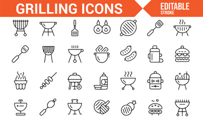 BBQ, Grilling, and Food Preparation Icons for Barbecue, Grilling Tools, and Cookout
