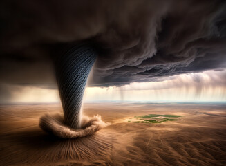 a powerful tornado, known as a waterspout, occurring in a desert landscape. The tornado is surrounded by dark, stormy clouds, and a small green oasis is visible in the background.