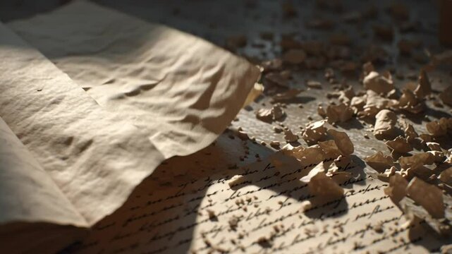 Old Book Lying on a Surface With Crumbled Paper Nearby Generative AI