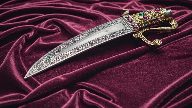 Ornate dagger displayed on rich velvet fabric at art showcase in cultural center