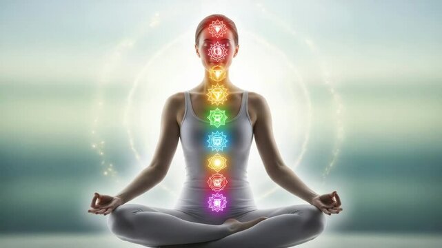Meditative woman with illuminating chakras in tranquil morning light