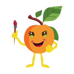 Cute peach artist character holding paintbrush. Healthy fruit mascot expressing joy. Education and children activities concept.