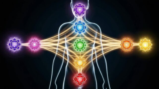Vivid depiction of seven chakras illuminating the human silhouette with energetic flow and spiritual alignment