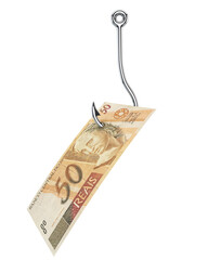 R$50 Brazilian Money Hooked on a Fishing Hook – Conceptual Image of a Financial Trap..