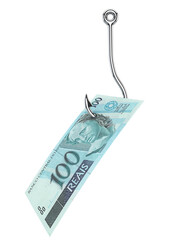 R$100 Brazilian Money Hooked on a Fishing Hook – Conceptual Image of a Financial Trap..