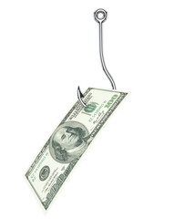 $100 US Dollar Bill Hooked on a Fishing Hook – Conceptual Image of a Financial Trap