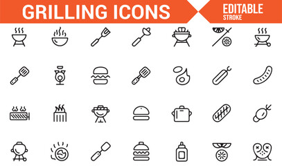 Grilling and BBQ Tools Icons for Cooking, Barbecue, and Outdoor Grilling Activities