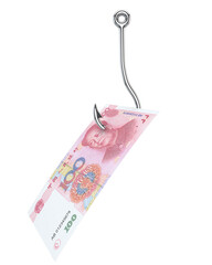 ¥100 Chinese Yuan Banknote Hooked on a Fishing Hook – Conceptual Image of a Financial Trap..