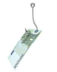 €100 Euro Banknote Hooked on a Fishing Hook – Conceptual Image of a Financial Trap..