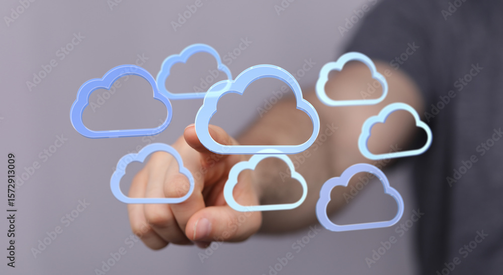 Poster high-quality image depicting cloud computing, network technology, data storage, and digital solution