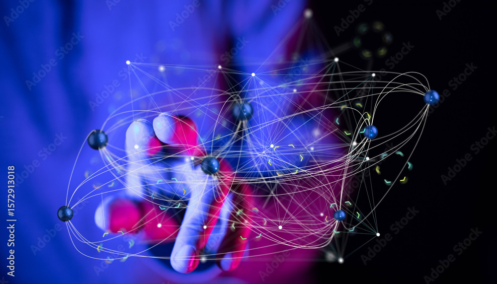 Poster abstract image of a complex network, representing connections, data flow, and global communication.