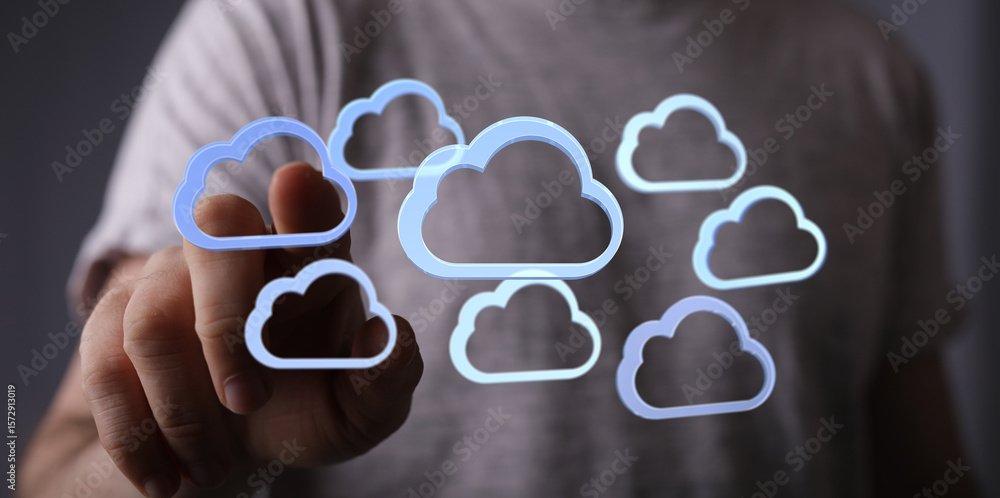 Poster high-quality image depicting cloud computing, network technology, and data storage.