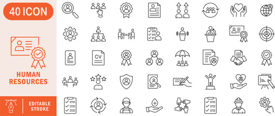 Human resource editable line icon set. human, resource, hr, employee, staff, recruitment, talent, hiring, workforce, team, management, career.