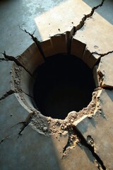 A circular void in a cracked surface reveals a dark abyss, suggesting hidden depths and the fragility of solid structures