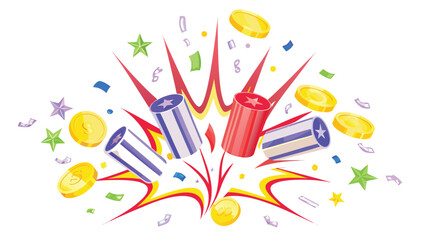 Illustration of exploding party poppers with confetti and gold coins scattered around on white background
