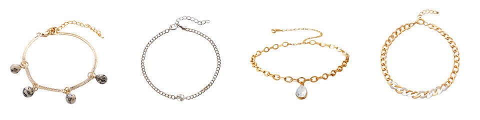 Gold and Silver Anklets Collection on White