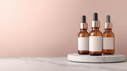 three amber dropper bottle mockups on marble podium against a pink background, cosmetic serum branding and beauty product packaging