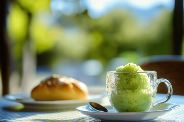 Traditional Sicilian Pistachio Granita with Brioche on Outdoor Breakfast Table in Morning Sunlight