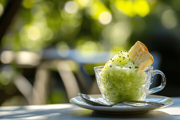 Traditional Sicilian Pistachio Granita with Brioche on Outdoor Breakfast Table in Morning Sunlight