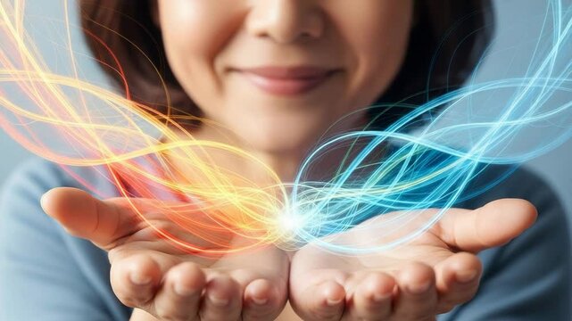 Healing hands channeling vibrant energy and chakra colors in a serene setting