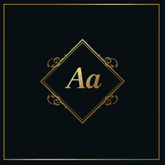 Elegant golden vector illustration featuring the intertwined letters 'AA' within a circular frame, adorned with delicate floral accents on a dark background.