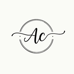 An elegant black script 'Ac' letter monogram logo design is gracefully enclosed within a stylish double circular frame on a clean white background, perfect for branding.