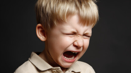 Young Boy Screaming with Emotion and Frustration Against a Dark Background in a Studio Setting