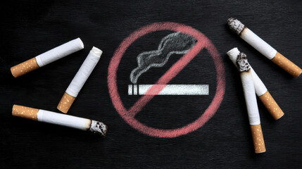 Cigarettes Arranged Around No Smoking Symbol Drawn In Chalk On Blackboard Surface