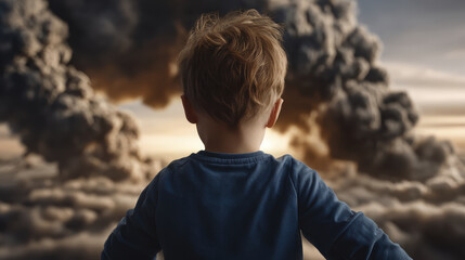 Child with Curly Hair Gazing at Dramatic Sky Filled with Smoke and Clouds at Sunset from a High Perspective