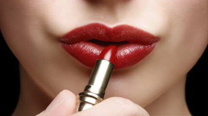 Close Up View of a Woman Applying Red Lipstick to Her Lips with a Glossy Finish Against a Dark Background