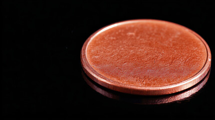 Closeup of a Copper Coin with a Glossy Finish on a Black Background Showcasing Reflection and Texture