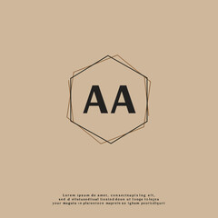 An elegant and modern monogram design featuring the letters AA enclosed within a stylish geometric hexagonal frame on a neutral background.