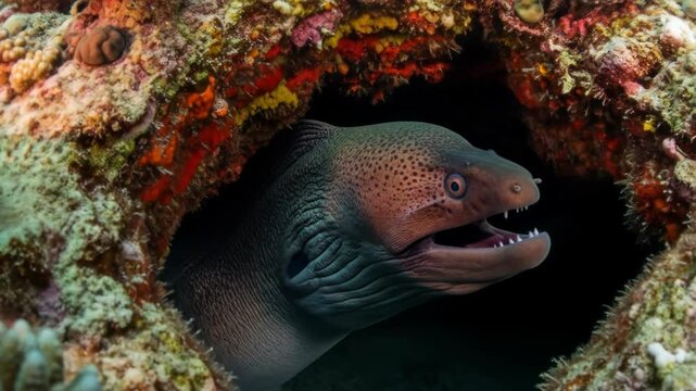 Menacing Moray eel peeking from coral reef cave underwater marine life.  Ocean fauna with coral.