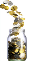 Falling Coins into a Jar Creating a Dramatic Display of Wealth and Savings Representing Financial Growth