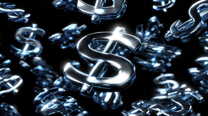 Floating Metallic Dollar Symbols in Dark Space Representing Finance and Wealth in Abstract Conceptual Illustration