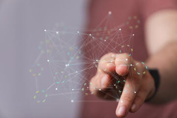 Hand pointing at a holographic network,digital connection, futuristic technology, global network...