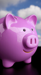 Glossy Pink Piggy Bank with Happy Expression Against a Bright Sky and Cloud Background
