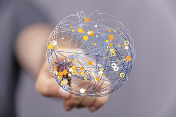 Abstract image of a hand interacting with a digital network. Ideal for technology, connection, and...