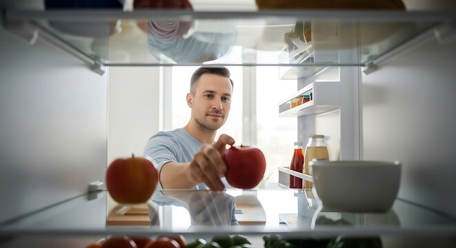 Man reaches into a refrigerator, selecting a red apple from the shelf, viewed from inside the fridge. - Powered by Adobe